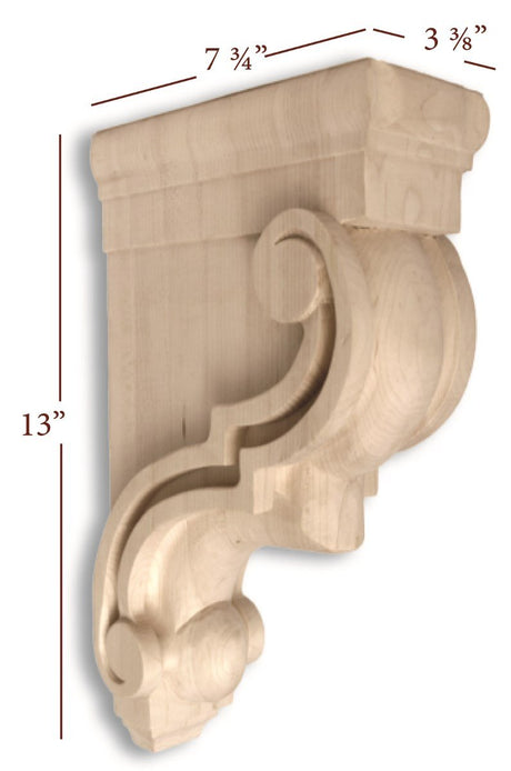 Hardware Resources CORF-RW 3-3/8" W x 7-3/4" D x 13" H Rubberwood Scrolled Corbel