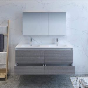 Fresca FVN9260HA-D Fresca Catania 60" Glossy Ash Gray Wall Hung Double Sink Modern Bathroom Vanity w/ Medicine Cabinet