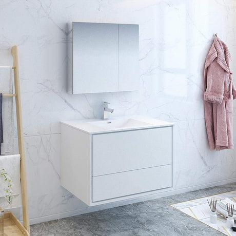Fresca FVN9236WH Fresca Catania 36" Glossy White Wall Hung Modern Bathroom Vanity w/ Medicine Cabinet