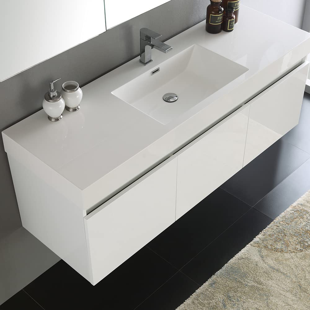 Fresca FVN8041WH Fresca Mezzo 60" White Wall Hung Single Sink Modern Bathroom Vanity w/ Medicine Cabinet