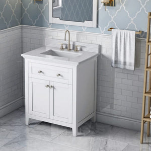 Jeffrey Alexander VKITCHA30WHWCR 30" White Chatham Vanity, White Carrara Marble Vanity Top, undermount rectangle bowl