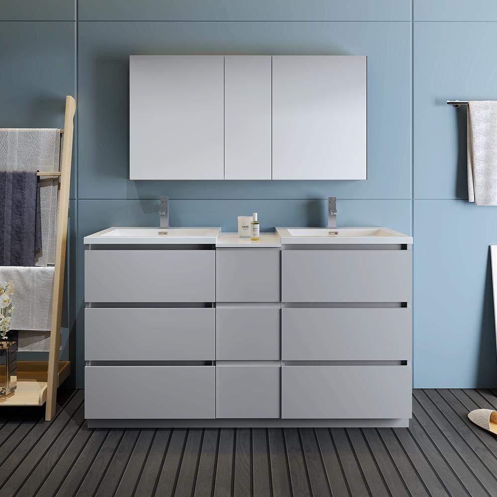 Fresca FVN93-241224GR-D Fresca Lazzaro 60" Gray Free Standing Double Sink Modern Bathroom Vanity w/ Medicine Cabinet