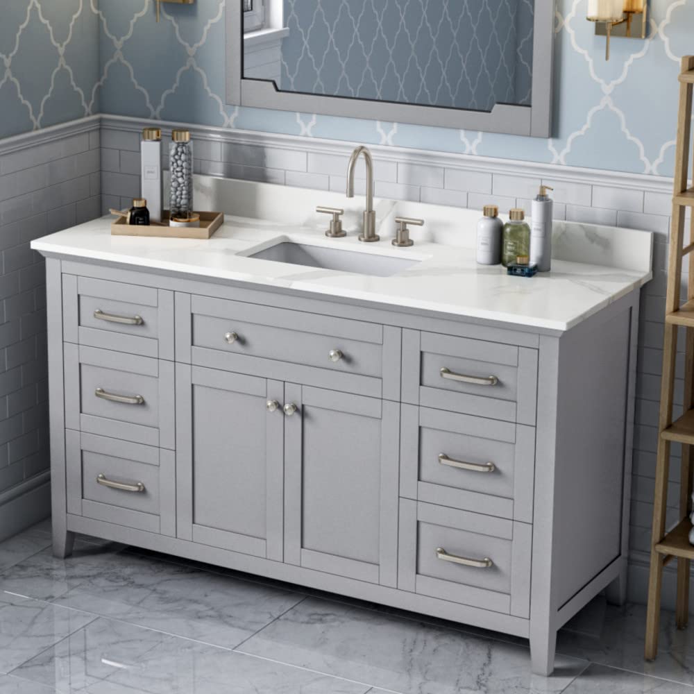 Jeffrey Alexander VKITCHA60SGRCQR 60" Grey Chatham Vanity, Calacatta Vienna Quartz Vanity Top, undermount rectangle bowl