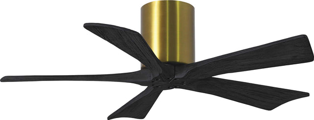 Matthews Fan IR5H-BRBR-BK-42 Irene-5H five-blade flush mount paddle fan in Brushed Brass finish with 42” solid matte black wood blades. 
