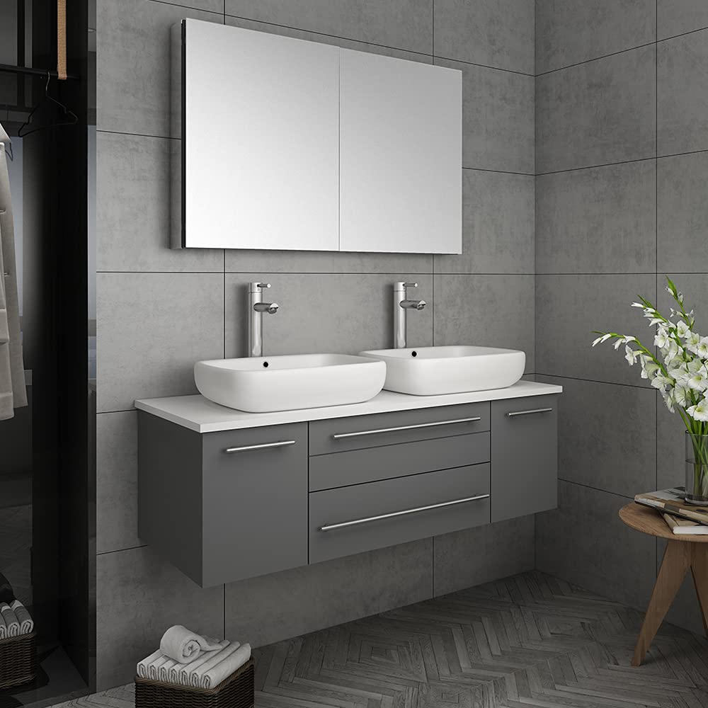 Fresca FVN6148WH-VSL-D Fresca Lucera 48" White Wall Hung Double Vessel Sink Modern Bathroom Vanity w/ Medicine Cabinet