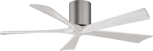 Matthews Fan IR5H-BP-MWH-52 Irene-5H five-blade flush mount paddle fan in Brushed Pewter finish with 52” solid matte white wood blades. 