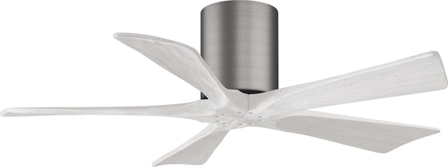 Matthews Fan IR5H-BP-MWH-42 Irene-5H five-blade flush mount paddle fan in Brushed Pewter finish with 42” solid matte white wood blades. 