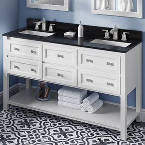 Jeffrey Alexander VKITADL60WHBGR 60" White Adler Vanity, double bowl, Black Granite Vanity Top, two undermount rectangle bowls