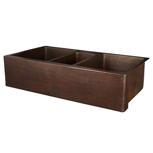 Premier Copper Products KATDB422210 42-Inch Triple Basin Split Hammered Copper Kitchen Apron Triple Basin Sink
