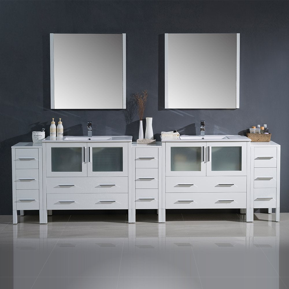 Fresca FVN62-108WH-UNS Fresca Torino 108" White Modern Double Sink Bathroom Vanity w/ 3 Side Cabinets & Integrated Sinks