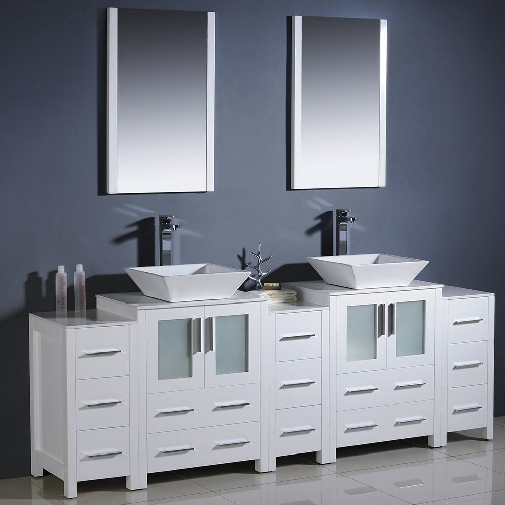 Fresca FVN62-72WH-VSL Fresca Torino 84" White Modern Double Sink Bathroom Vanity w/ 3 Side Cabinets & Vessel Sinks