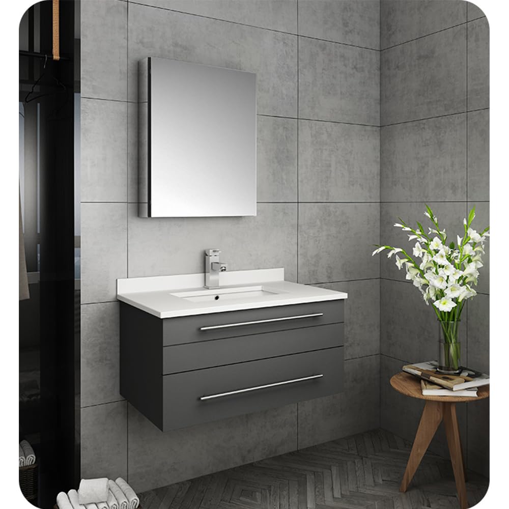 Fresca FVN6130GR-UNS Fresca Lucera 30" Gray Wall Hung Undermount Sink Modern Bathroom Vanity w/ Medicine Cabinet