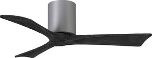 Matthews Fan IR3H-BN-BK-42 Irene-3H three-blade flush mount paddle fan in Brushed Nickel finish with 42” solid matte black wood blades. 