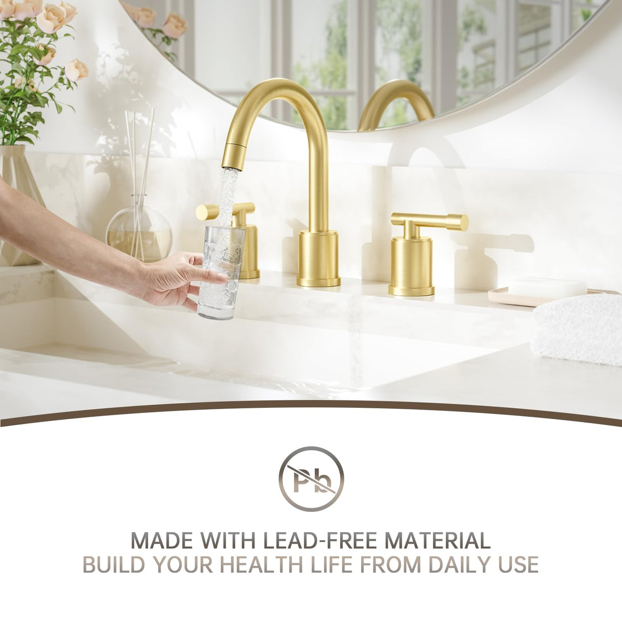 8-Inch Three-Hole Bathroom Faucet with Pull-Down Sprayer, Widespread Design, Metal Pop-Up Drain, Water Supply Lines, and Two Handles