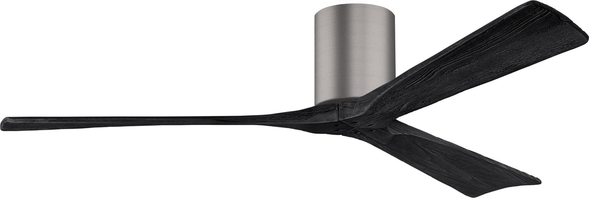 Matthews Fan IR3H-BP-BK-60 Irene-3H three-blade flush mount paddle fan in Brushed Pewter finish with 60” solid matte black wood blades. 