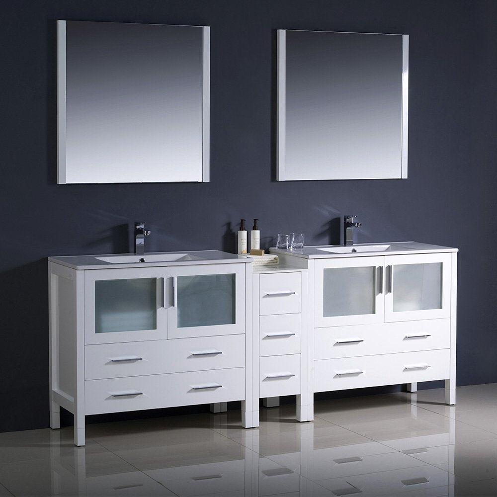 Fresca FVN62-361236WH-UNS Fresca Torino 84" White Modern Double Sink Bathroom Vanity w/ Side Cabinet & Integrated Sinks