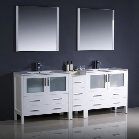 Fresca FVN62-361236WH-UNS Fresca Torino 84" White Modern Double Sink Bathroom Vanity w/ Side Cabinet & Integrated Sinks