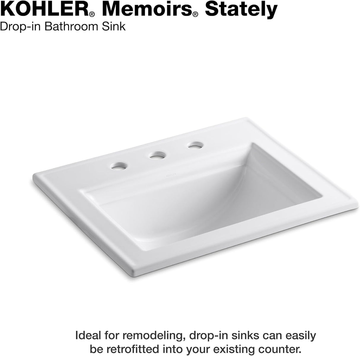 KOHLER K-2337-8-17 Memoirs Stately Rectanglar Drop in Bathroom Sink, 22 3/4", White