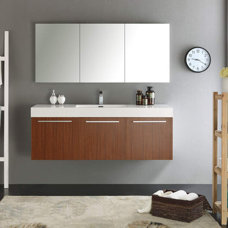 Fresca FVN8093GW Fresca Vista 60" Walnut Wall Hung Single Sink Modern Bathroom Vanity w/ Medicine Cabinet