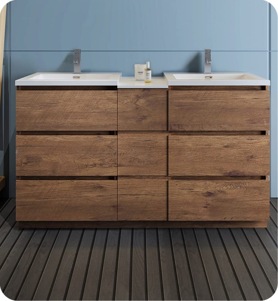 Fresca FCB93-241224RW-D-I Fresca Lazzaro 60" Rosewood Free Standing Double Sink Modern Bathroom Cabinet w/ Integrated Sinks