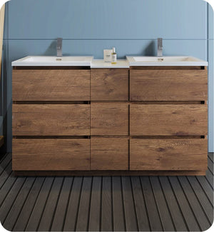 Fresca FCB93-241224RW-D-I Fresca Lazzaro 60" Rosewood Free Standing Double Sink Modern Bathroom Cabinet w/ Integrated Sinks