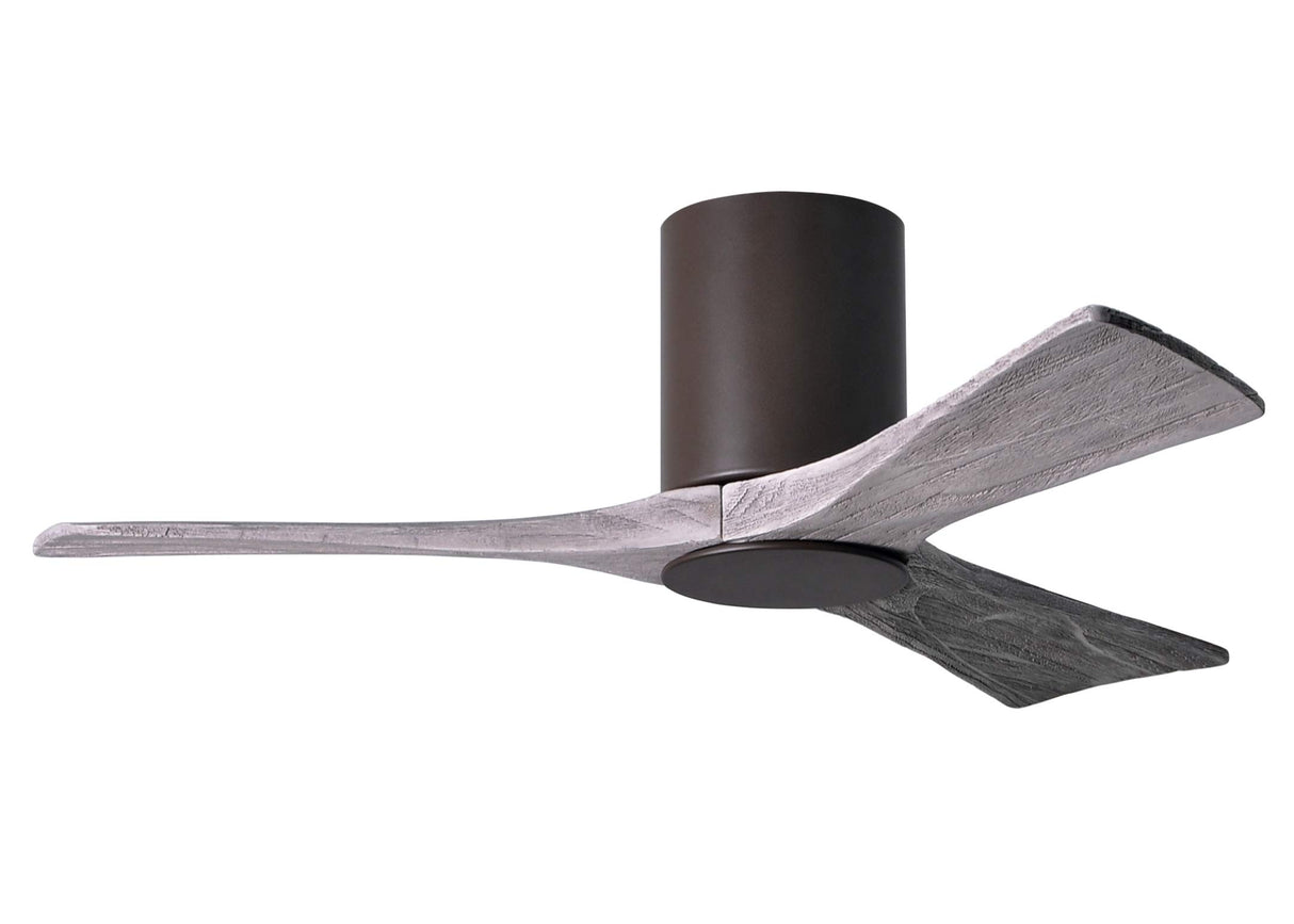 Matthews Fan IR3HLK-TB-BW-42 Irene-3HLK three-blade flush mount paddle fan in Textured Bronze finish with 42” solid barn wood tone blades and integrated LED light kit.