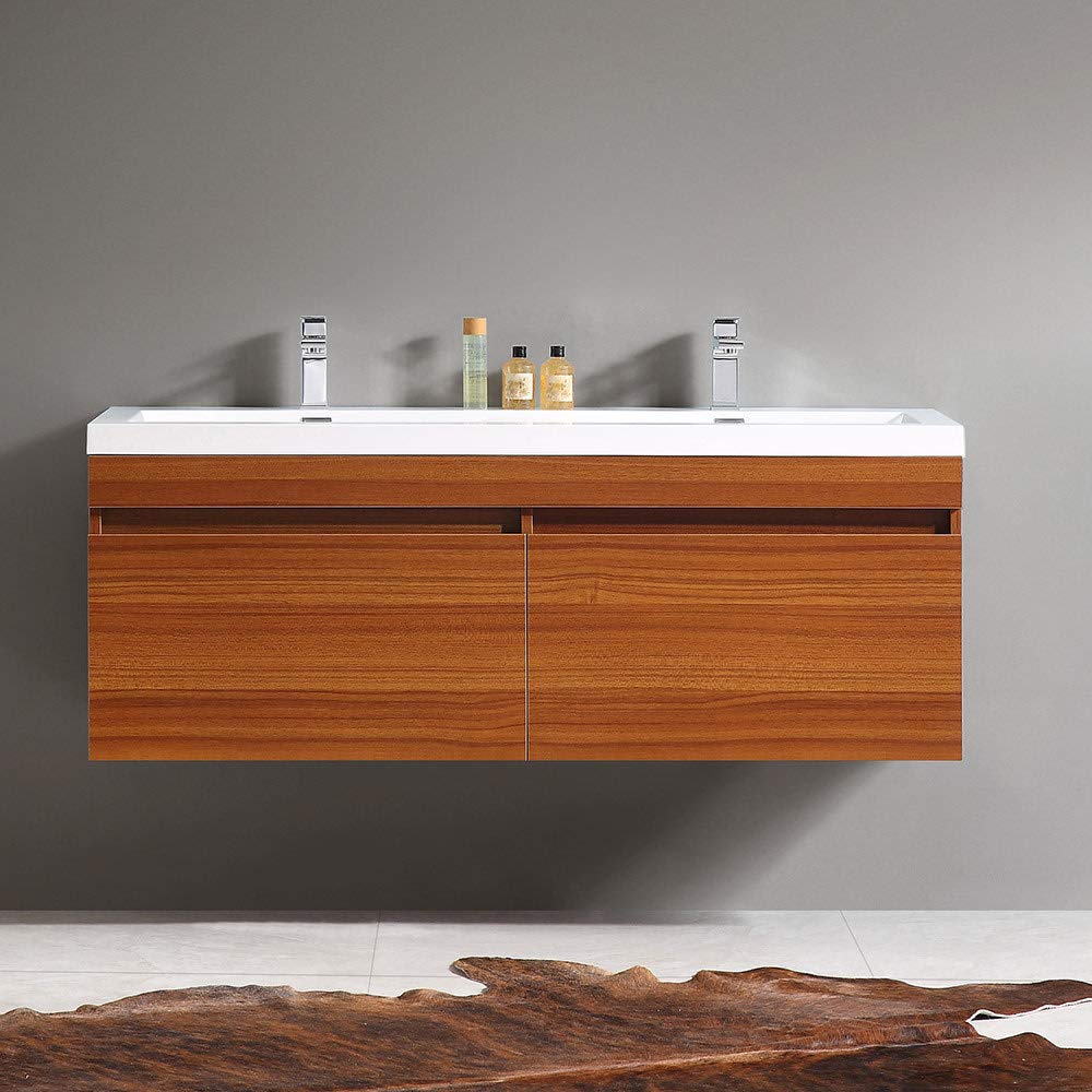 Fresca FCB8040TK-I Fresca Largo 57" Teak Modern Double Sink Bathroom Cabinet w/ Integrated Sinks