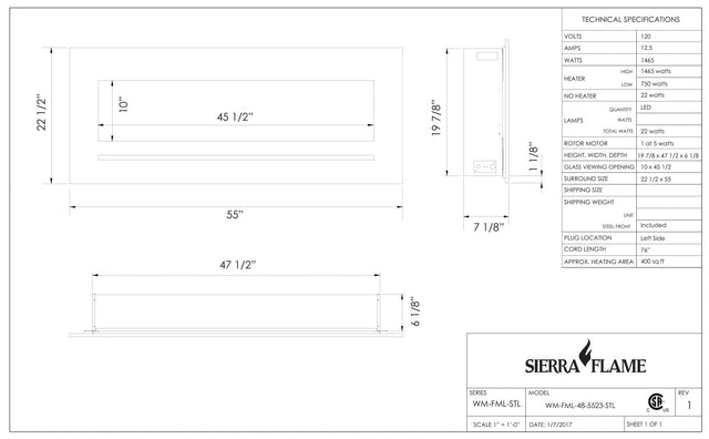 Amantii WM-FML-48-5523-STL Wall Mount / Flush Mount - 48" Electric Fireplace with a Steel Surround and Glass Media
