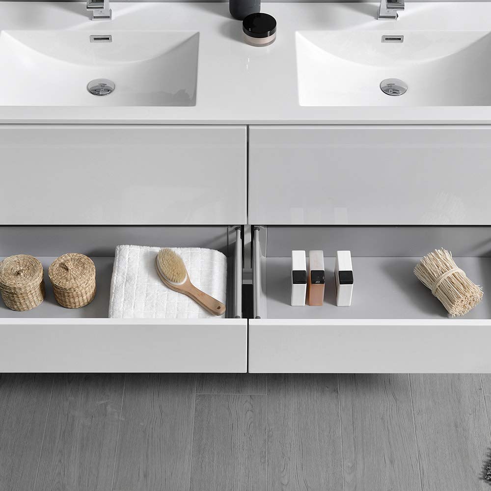 Fresca FCB9260WH-D-I Fresca Catania 60" Glossy White Wall Hung Modern Bathroom Cabinet w/ Integrated Double Sink