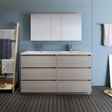 Fresca FVN93-3030MGO-D Fresca Lazzaro 60" Gray Wood Free Standing Double Sink Modern Bathroom Vanity w/ Medicine Cabinet