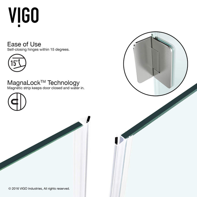 VIGO VG6062BNCL38WS 38.13" -38.13"W -70.38"H Frameless Hinged Neo-angle Shower Enclosure with Clear 0.38" Tempered Glass Stainless Steel Hardware in Brushed Nickel Finish, Reversible Handle and Base