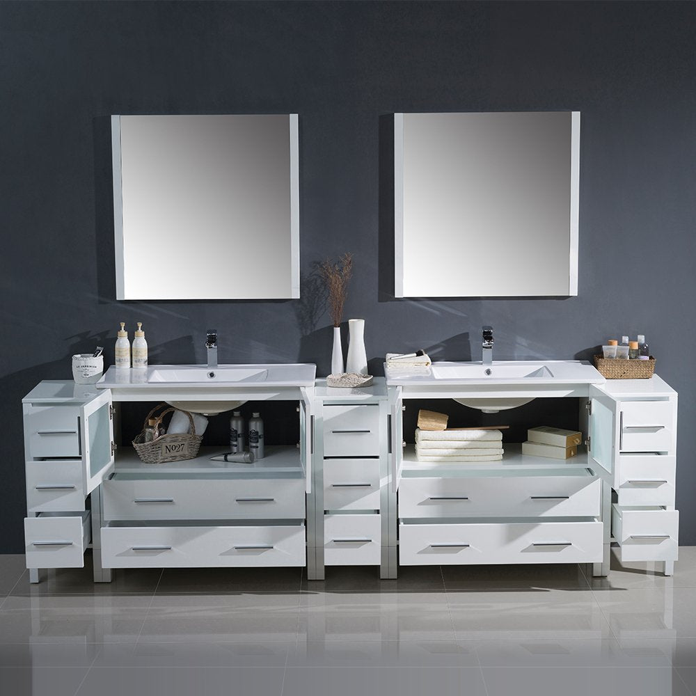 Fresca FVN62-108WH-UNS Fresca Torino 108" White Modern Double Sink Bathroom Vanity w/ 3 Side Cabinets & Integrated Sinks