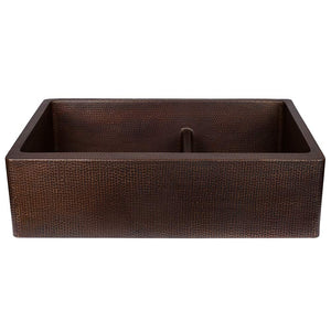 Premier Copper Products KA60DB33229-SD5 33-Inch Hammered Copper Kitchen Apron 60/40 Double Basin Sink with Short 5-Inch Divider…