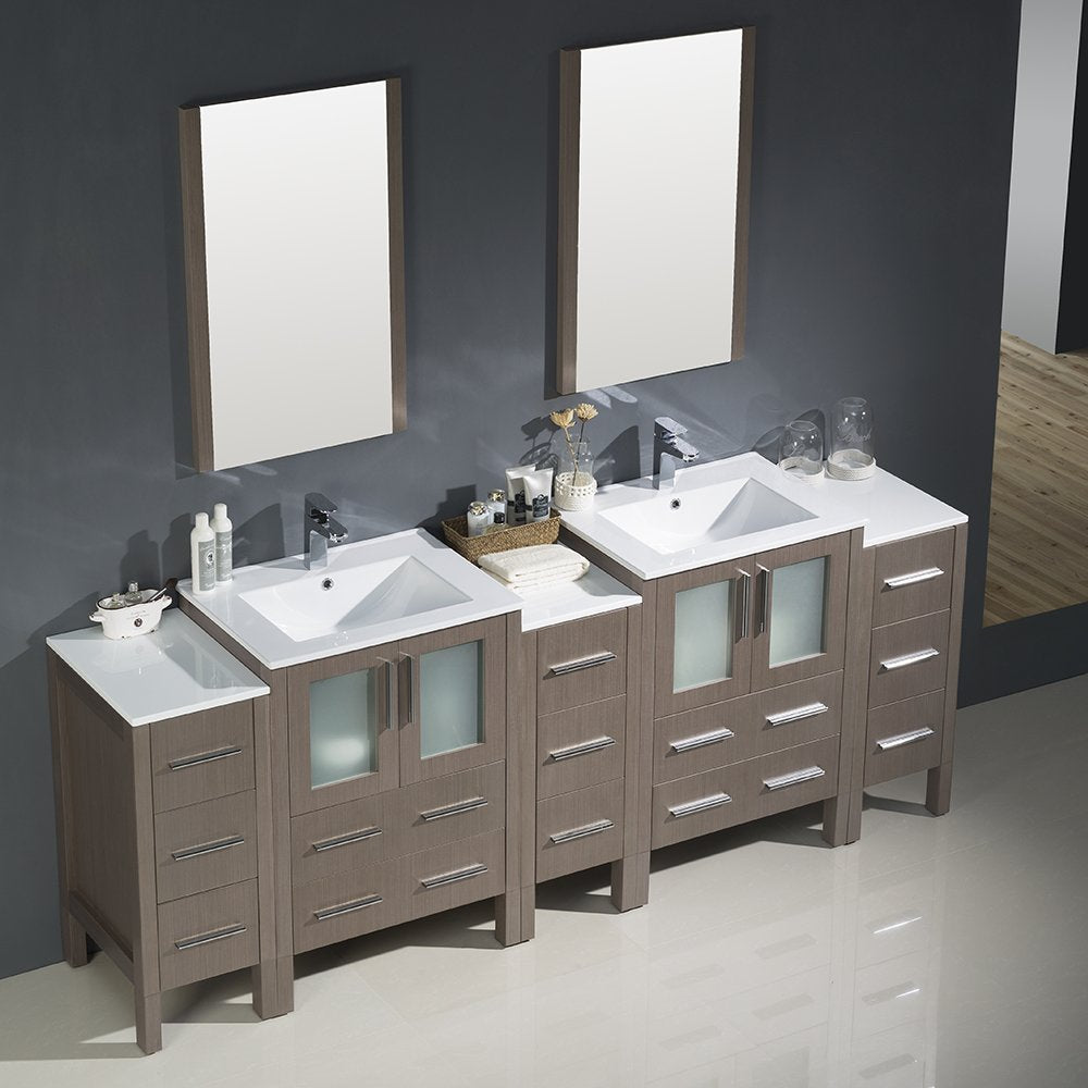 Fresca FVN62-72GO-UNS Fresca Torino 84" Gray Oak Modern Double Sink Bathroom Vanity w/ 3 Side Cabinets & Integrated Sinks