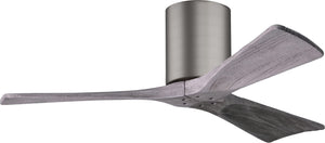 Matthews Fan IR3H-BP-BW-42 Irene-3H three-blade flush mount paddle fan in Brushed Pewter finish with 42” solid barn wood tone blades. 