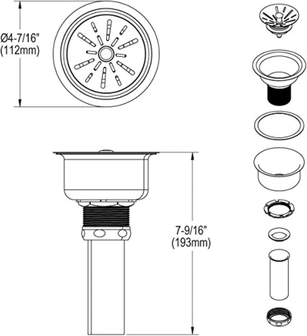 Elkay LK99 3-1/2" Deluxe Drain with Type 304 Stainless Steel Body, Strainer Basket, Rubber Seal, and Tailpiece