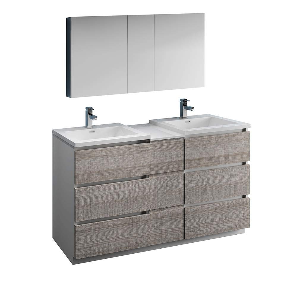 Fresca FVN93-241224HA-D Fresca Lazzaro 60" Glossy Ash Gray Free Standing Double Sink Modern Bathroom Vanity w/ Medicine Cabinet