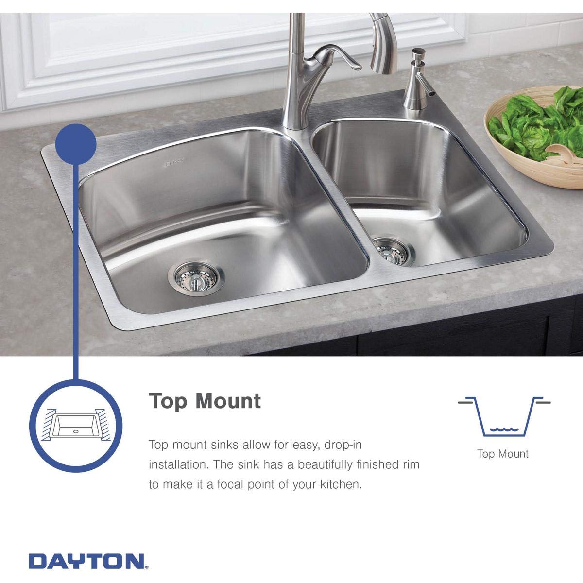 Elkay Dayton DSE233223 Equal Double Bowl Top Mount Stainless Steel Sink, 33 x 22