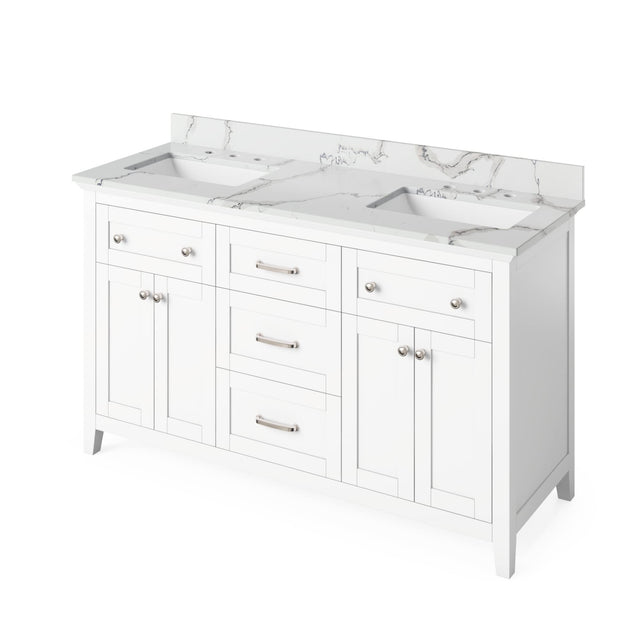 Jeffrey Alexander VKITCHA60CHSGR 60" Chocolate Chatham Vanity, double bowl, Steel Grey Cultured Marble Vanity Top, two undermount rectangle bowls