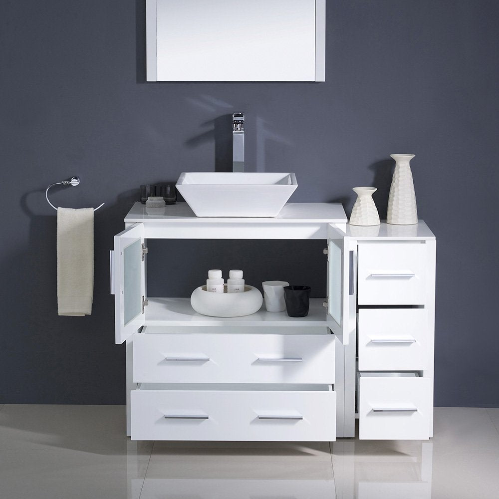 Fresca FVN62-3012WH-VSL Fresca Torino 42" White Modern Bathroom Vanity w/ Side Cabinet & Vessel Sink