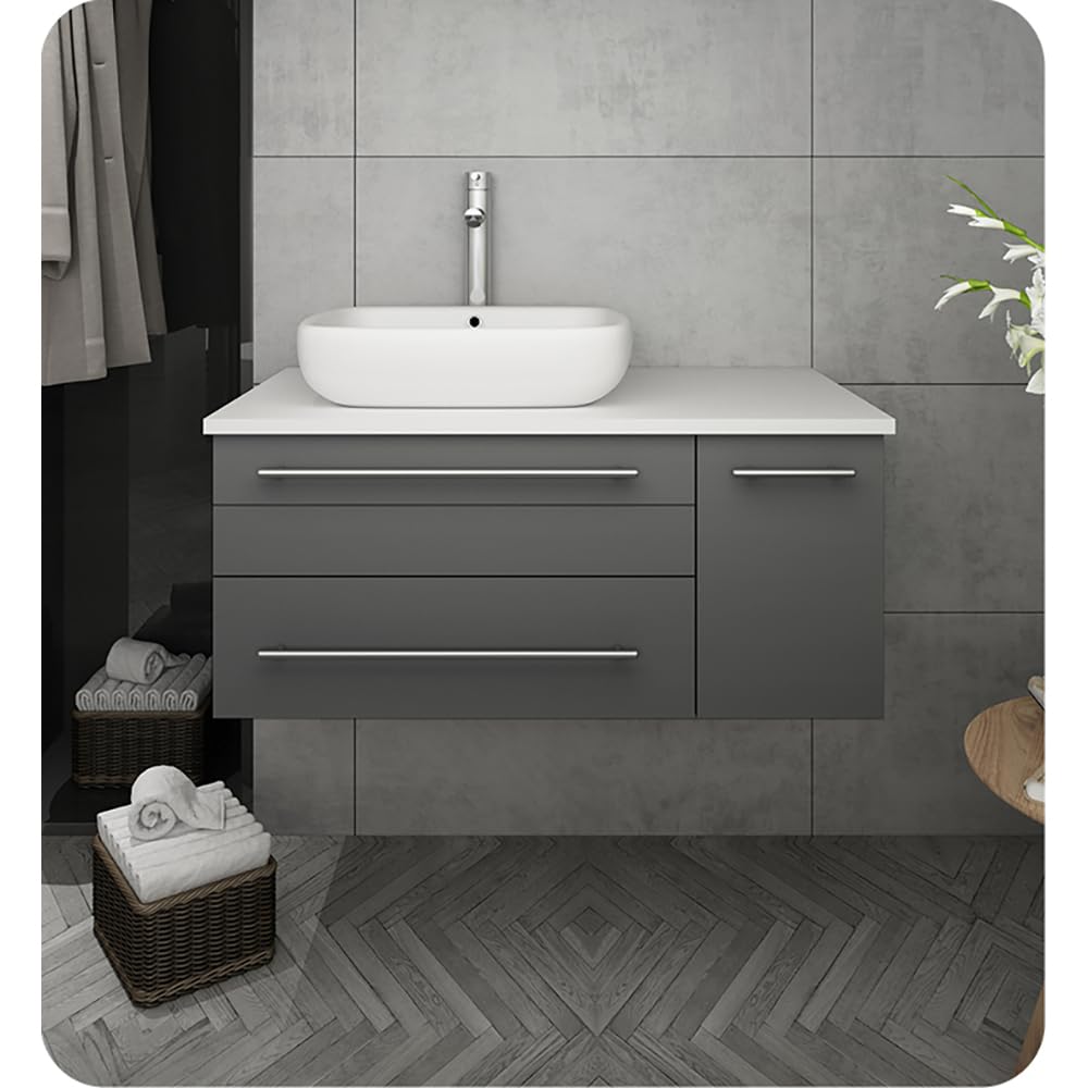 Fresca FCB6136GR-VSL-L-CWH-V Fresca Lucera 36" Gray Wall Hung Modern Bathroom Cabinet w/ Top & Vessel Sink - Left Version