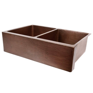 Premier Copper Products KA50B33229 33-Inch Antique Hammered Copper Kitchen Apron 50/50 Double Basin Sink…