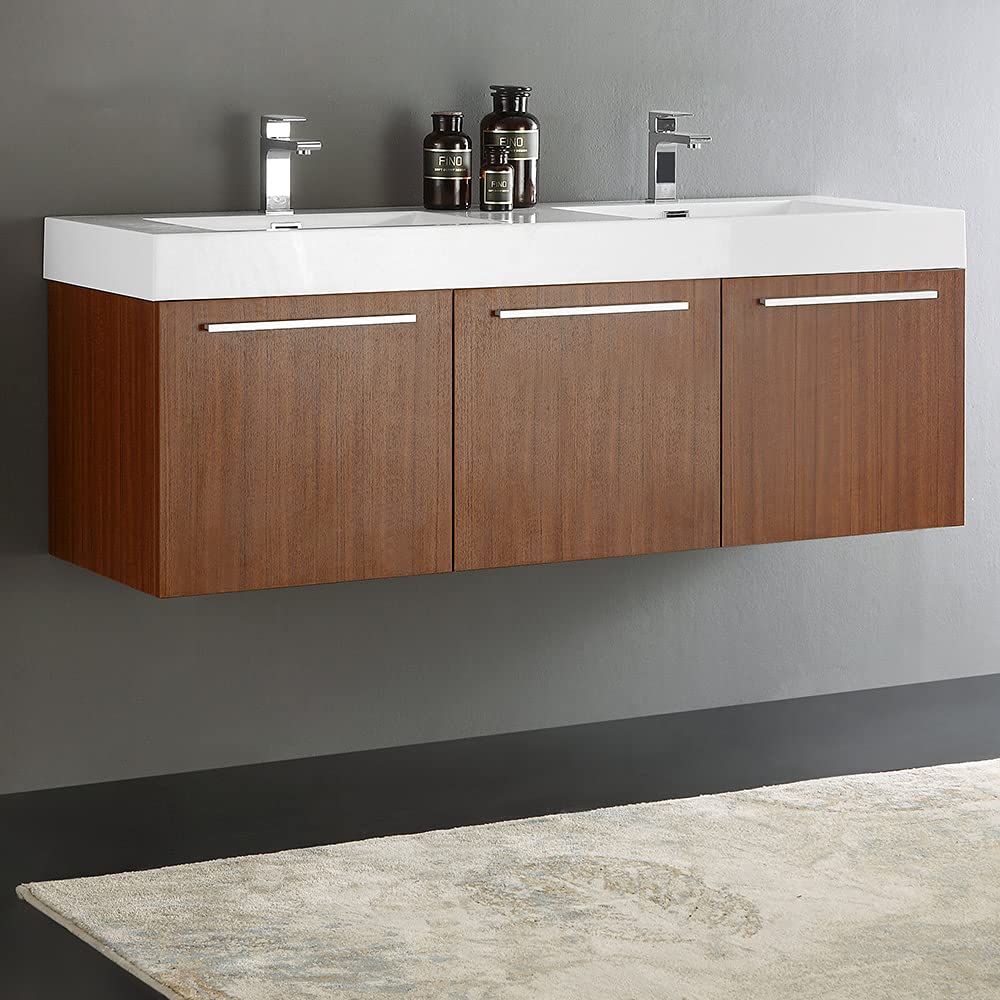 Fresca FCB8093WH-D Fresca Vista 60" White Wall Hung Double Sink Modern Bathroom Cabinet