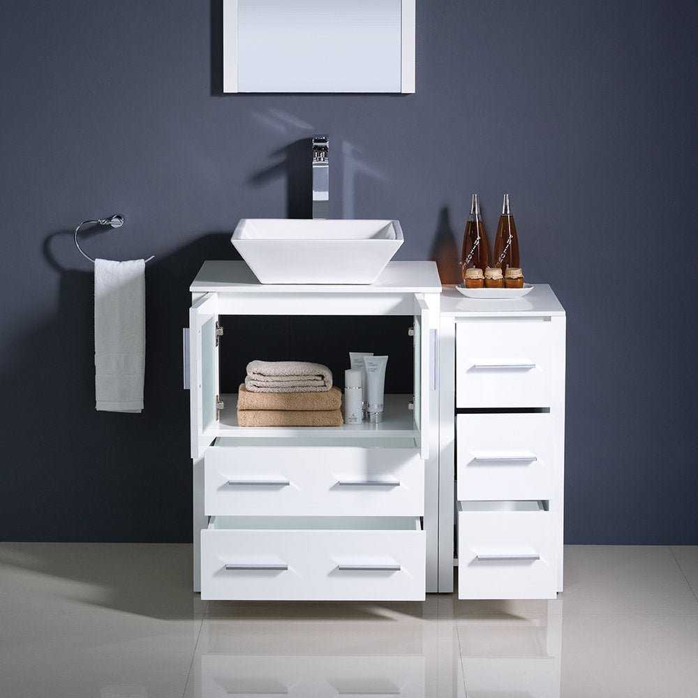 Fresca FVN62-2412WH-VSL Fresca Torino 36" White Modern Bathroom Vanity w/ Side Cabinet & Vessel Sink