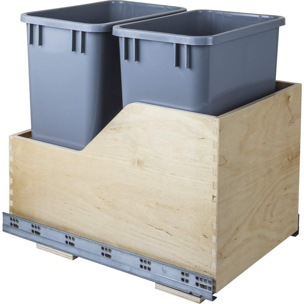 Hardware Resources CAN-WBMD35G Double 35 Quart Wood Bottom-Mount Soft-close Trashcan Rollout for Hinged Doors, Includes Two Grey Cans