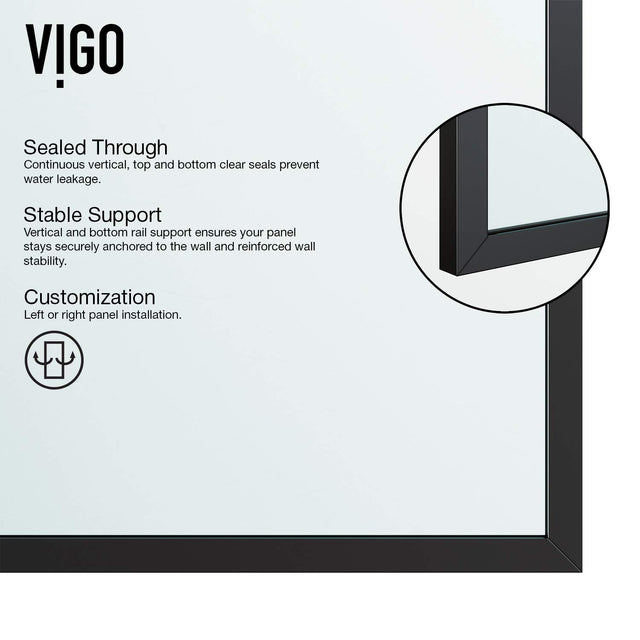 VIGO Zenith Fixed Glass Shower Wall Panels | Framed Mosaic Grid Tempered Shower Glass Panel for Walk-in Bathroom (1" L x 34.125" W x 74" H) | Clear Glass Shower Panel with Matte Black Hardware Finish