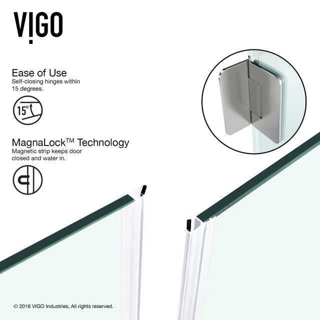 VIGO VG6012BNCL36WL 48.13" -36.13" W -78.75" H Frameless Hinged Rectangle Shower Enclosure with Clear 0.38" Tempered Glass and Stainless Steel Hardware in Brushed Nickel Finish and Base