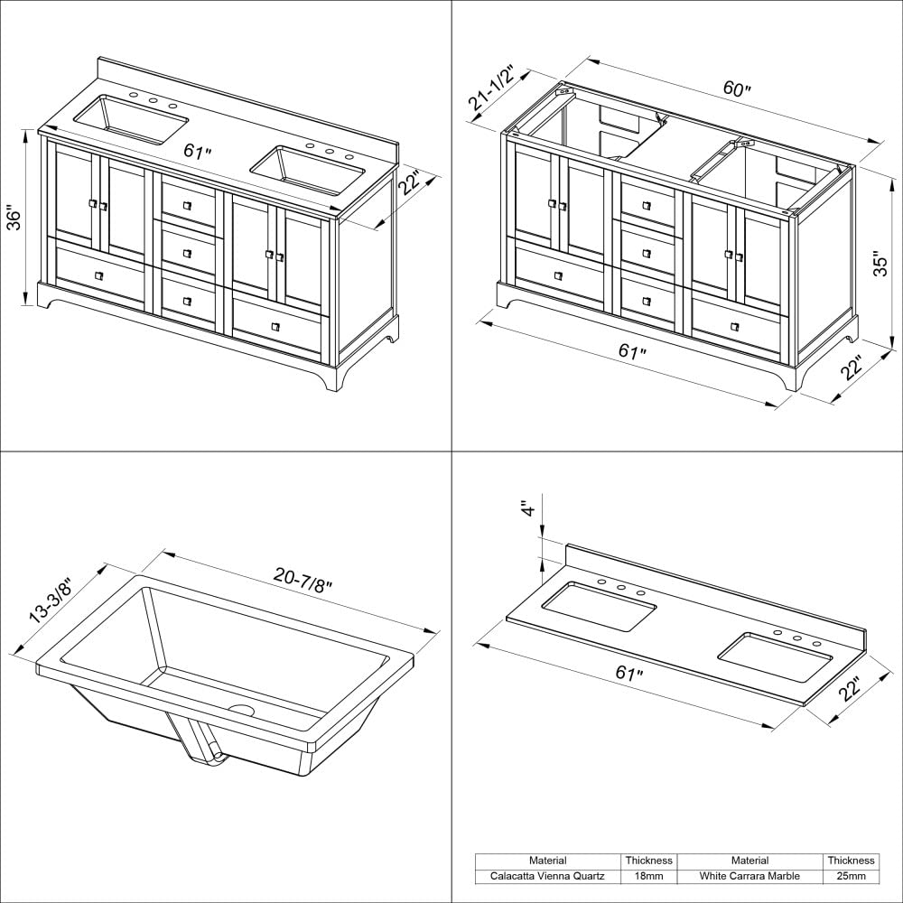 Jeffrey Alexander VKITADD60GRCQR 60" Grey Addington Vanity, double bowl, Calacatta Vienna Quartz Vanity Top, two undermount rectangle bowls