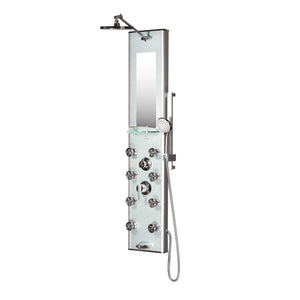 PULSE ShowerSpas 1013-GL Kihei II ShowerSpa Panel with 8" Rain Showerhead, 6 Body Sprays, 5-Function Hand Shower, Glass Shelf, Mirror, Tub Spout, Silver with Chrome Fixtures