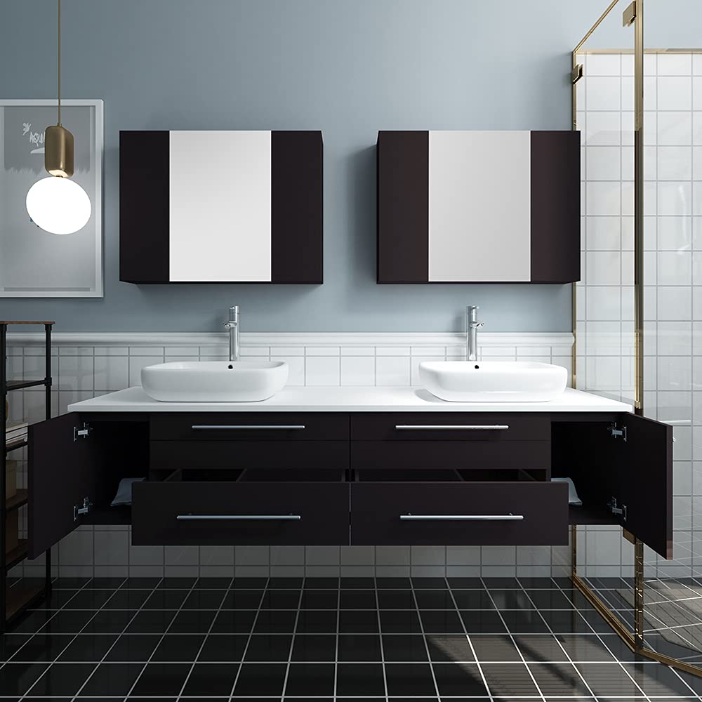 Fresca FVN6172WH-VSL-D Fresca Lucera 72" White Wall Hung Double Vessel Sink Modern Bathroom Vanity w/ Medicine Cabinets